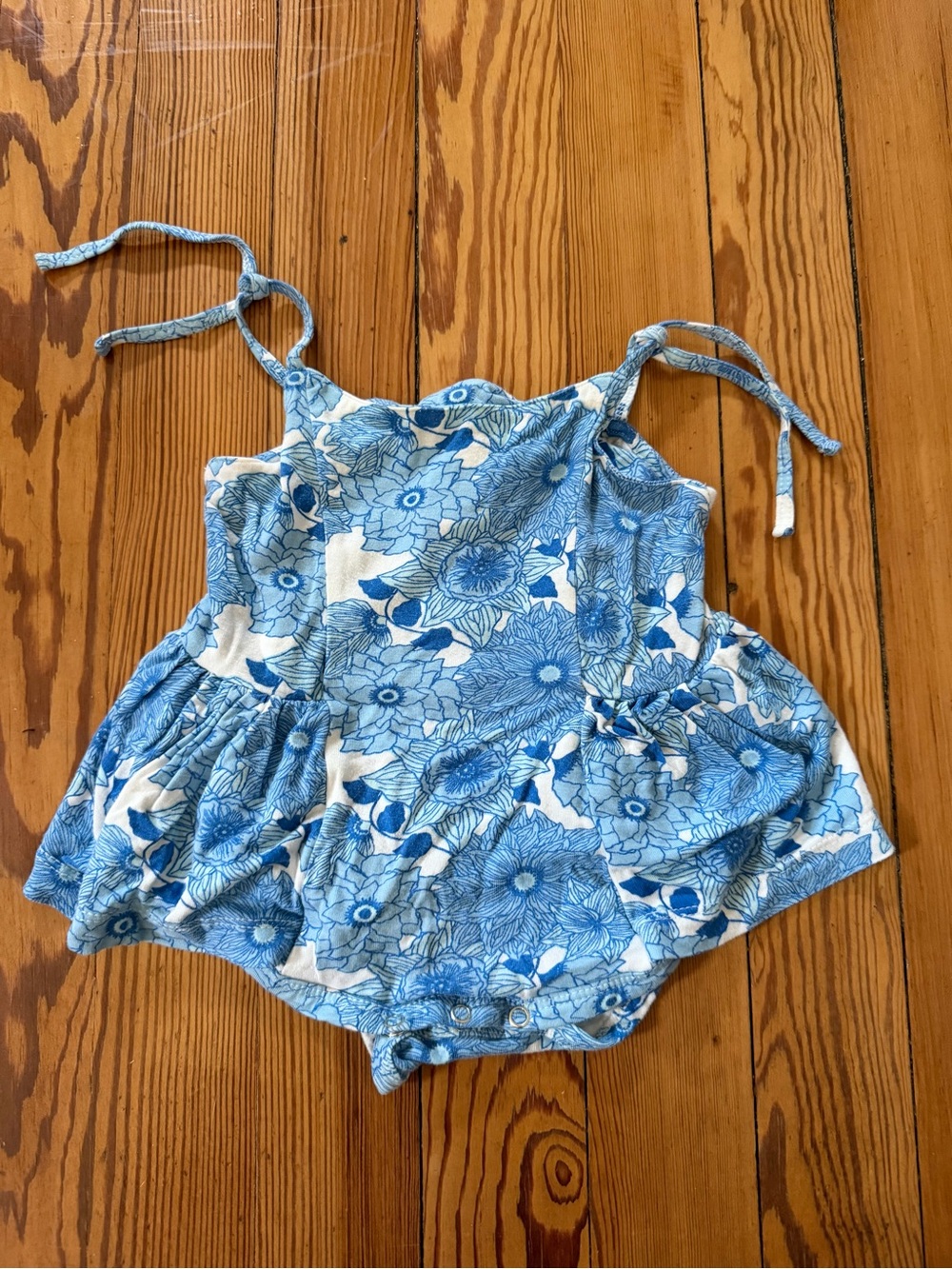 Kate Quinn 3-6M Blue Floral Bubble Romper Tie Shoulder Organic Cotton